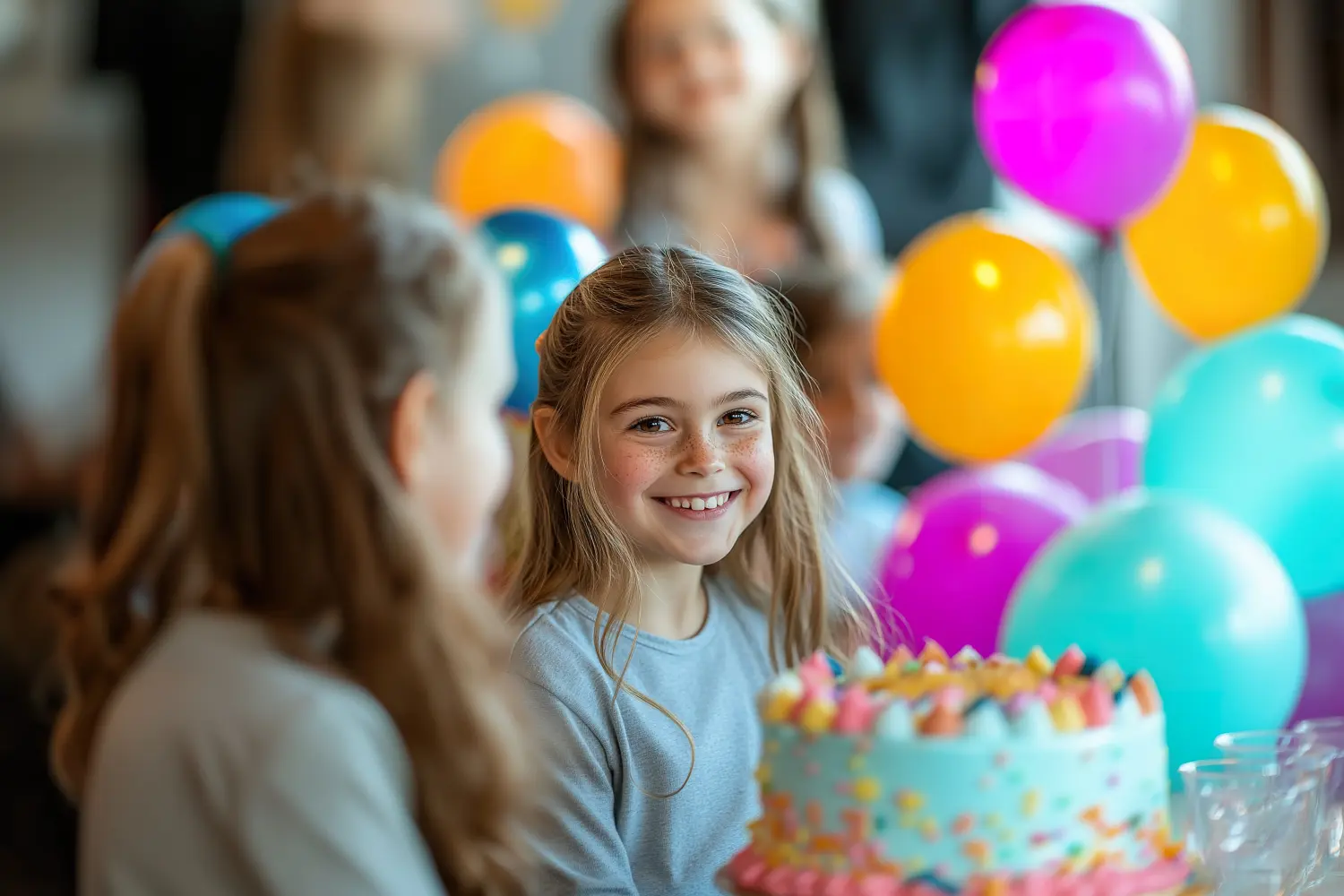 Eine fröhliche Geburtstagsfeier mit Kindern, die am Nachmittag Kuchen, bunte Luftballons und Lachen in einem festlichen Ambiente genießen