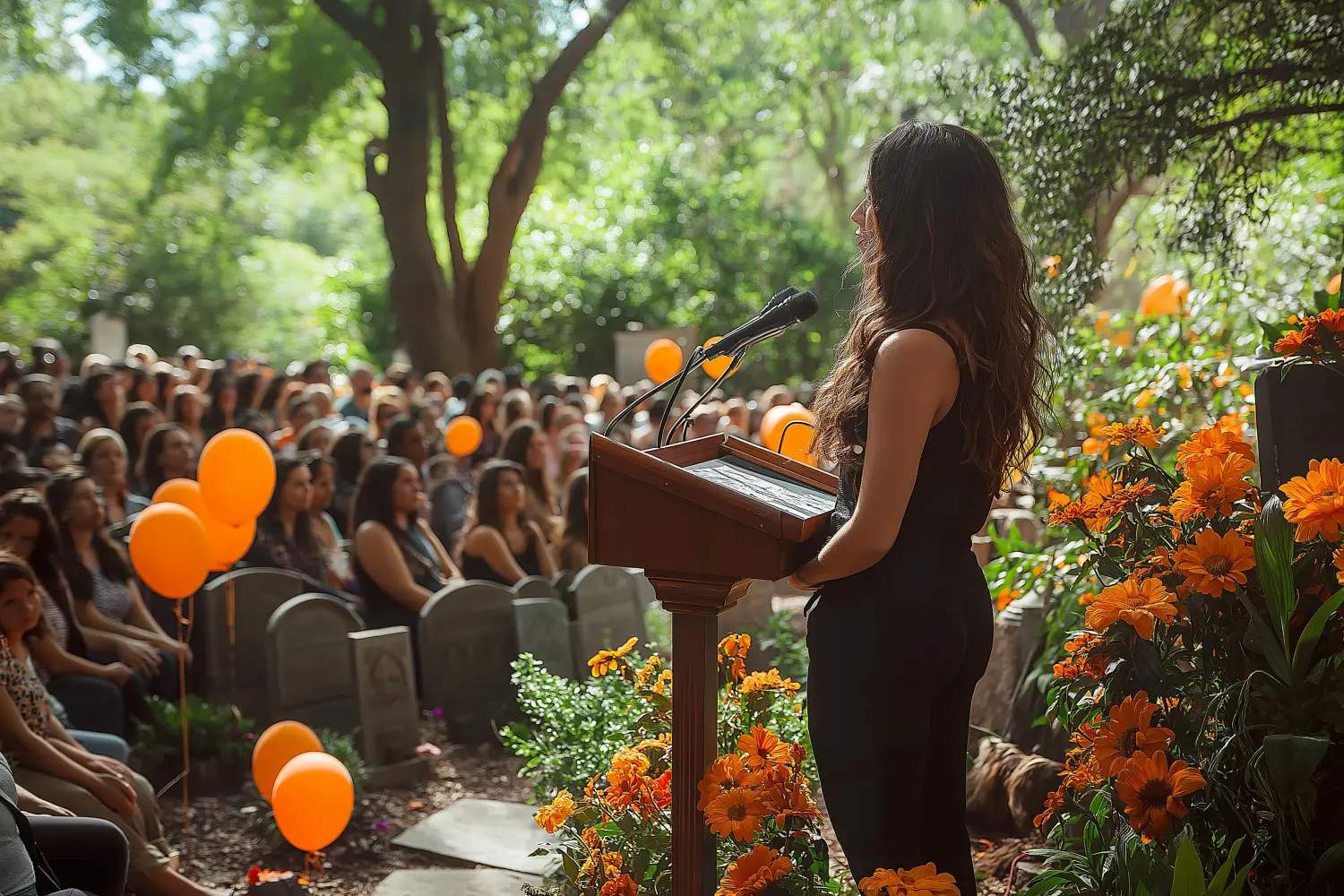 Redetisch oder Schreibtisch aus Holz mit rosa handgeschriebener Rede und weißen Blumen